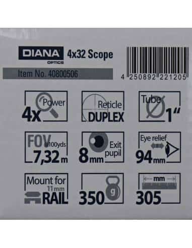 OTTICA DIANA 4X42 40800506 DIANA CANNOCCHIALE 4X32 RET DUPLEX