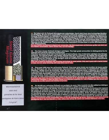 Cartucce in acciaio Rottweil Munizioni Colpi calibro 12 steel game magnum 36 grammi piombo 3 4