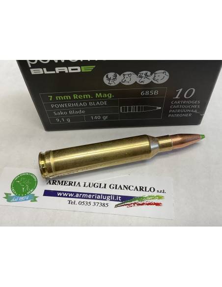 Cartucce Munizioni Colpi  Sako monolitiche powerhead calibro 7mm rem.mag  140 grani codice 685b con punta verde