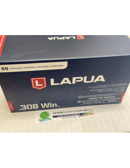 Cartucce Munizioni Lapua calibro 308 win. open tip match 167bgrani codice gb422