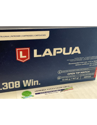 Cartucce Munizioni Lapua calibro 308 win. open tip match 167bgrani codice gb422