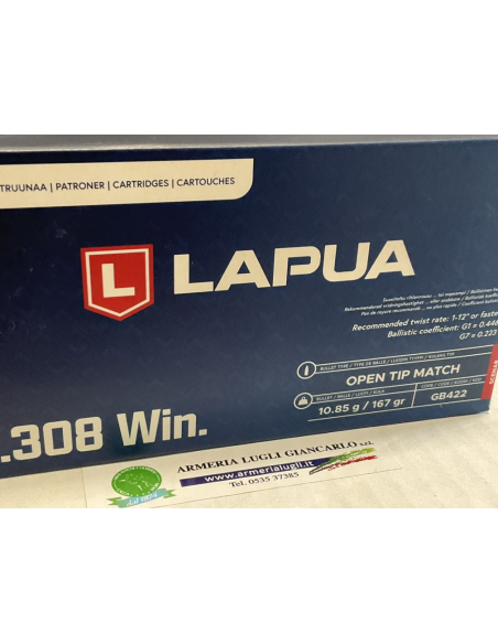 Cartucce Munizioni Lapua calibro 308 win. open tip match 167bgrani codice gb422