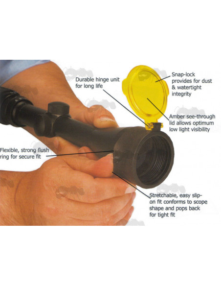 Tappi ottica Flip Open Quake Bushwacker Size 1 Amber Scope Cover Made From State-Of-The-Art Polymer  codice 7 da 55,9 a 62,20 mm