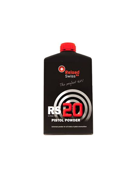 Polvere da sparo ricarica Reload Swiss RS20 NC POLVERE PER ARMI CORTE PISTOLE CALIBRI 9mm Luger, 9x21, 38 Special, 40S&W e 45ACP