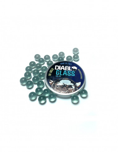 DIABLO GLASS CALIBRO 50 Munizioni per pistole cal. 50 e fionde (sfere di vetro infrangibili). Prive di attrito in canna. 110 Pz.