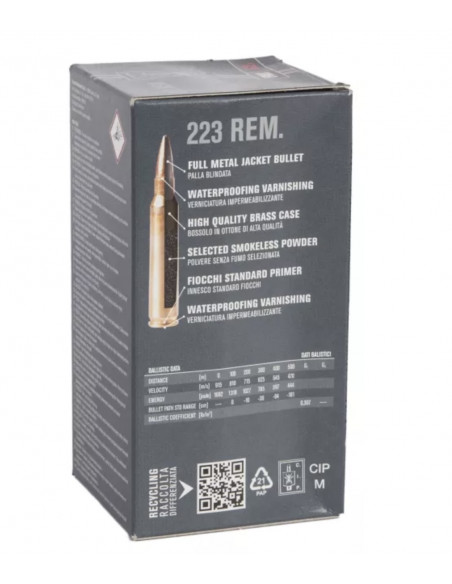 Fiocchi 50 colpi  munizioni cartucce calibro 223 rem palla FMJBT 62gr 70555600
