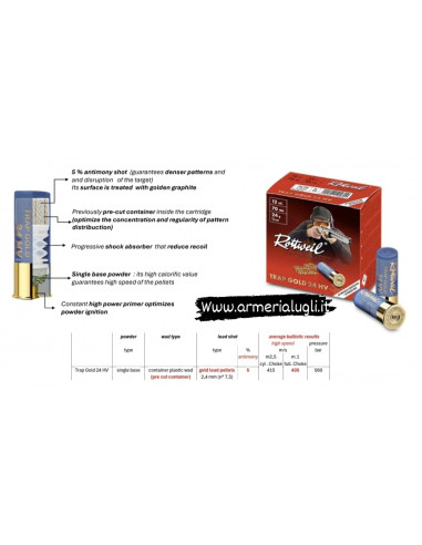 Cartucce munizioni calibro 12 Rottweil Trap Gold 24 grammi HV 70 mm 25 pezzi