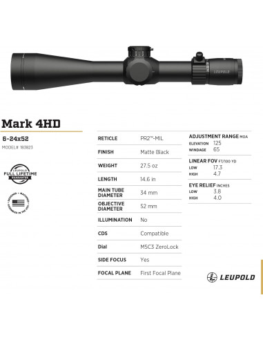 Ottica Leupold Mark 4HD 6-24x52 (34mm) Side Focus FFP  Mark 4HD 6-24x52 M5C3 Side Focus FFP PR2-MIL CODICE 183823