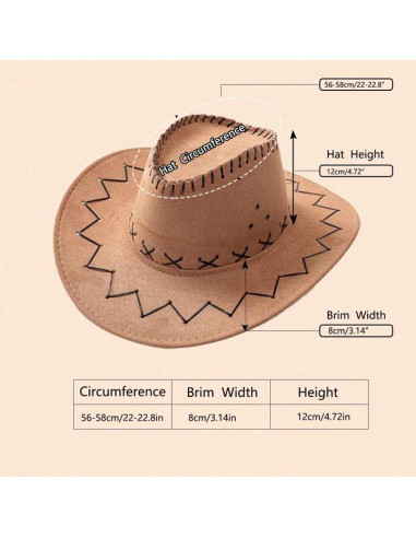 Cappello da Cowboy Pelle con Cuciture nocciola  Cappello da cowboy o da cowboy per adulti con lacccio