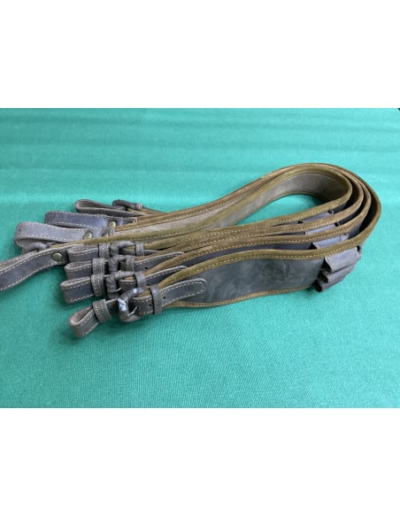 BRETELLA CINGHIA PER CARABINA MORBIDA MARRONE LARGA CON TRE PORTA CARTUCCE 3 CELLE IN CAMOSCIO LUNGA 1 METRO PRODOTTO IN ITALIA