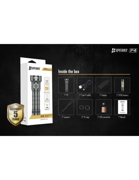 P4  Torcia Pila portatile SPERAS  TORCIA LED 4000 LUMENS CON FASCIO DI LUCE FINO A 288M
