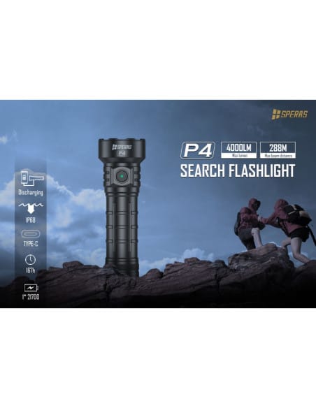 P4  Torcia Pila portatile SPERAS  TORCIA LED 4000 LUMENS CON FASCIO DI LUCE FINO A 288M
