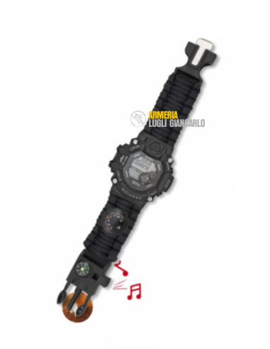OROLOGIO DIGITALE CON CINTURINO PARACORD COLORE NERO BUSSOLA +TERMOMETRO* ACCIARINO + FISCHIETTO 33889-NE