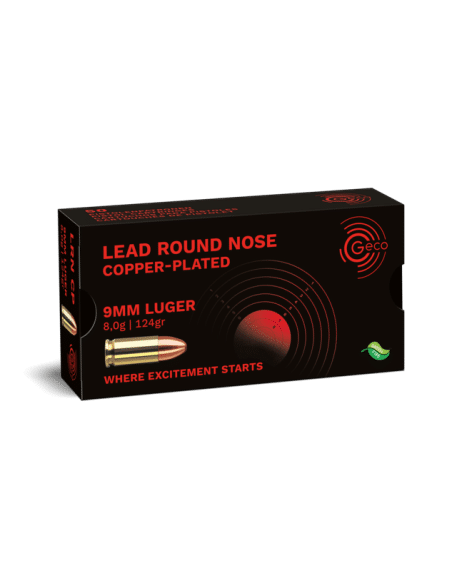 Cartucce colpi per pistola 9 luger  Geco lead round nose copper-plated 9 mm luger 124 grani 50 pz