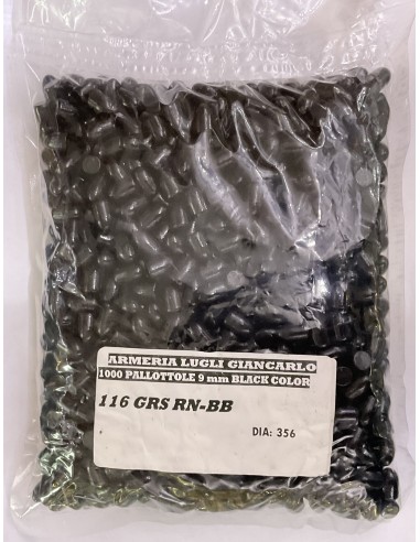 Palle Armeria Lugli ogive verniciate calibro 9mm 116grs RN-BB nere Dia 356 conf. da 1000
