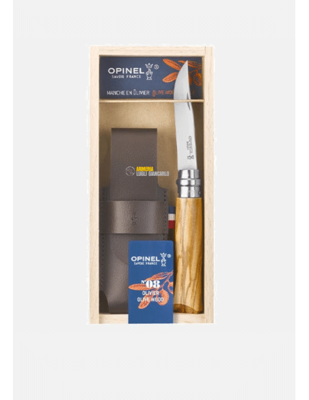Coltello pieghevole legno manico  Opinel 8VRI in legno di ulivo con scatola in legno codice 010040