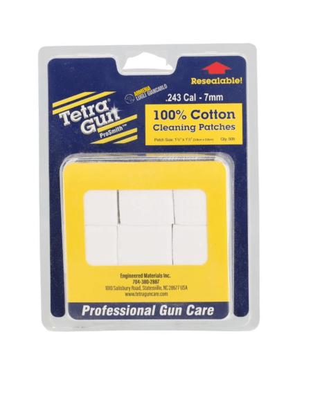 Pezze di cotone Tetra Gun 3,8x3,8 cm per pulizia armi calibro .243-7 mm confezioni da 500 pezzi codice TG1110