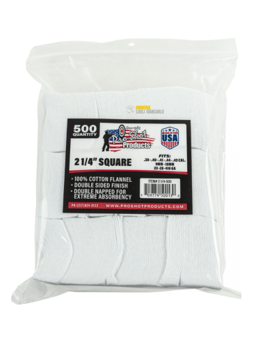 Panni in cotone quadrati per armi dimensione 21/4" confezioni da 500 codice 21/4-500 38-40S&W-41-44M-45-9mm-10mm-20-28-410
