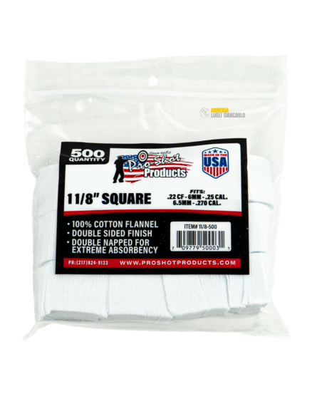 Pezzuole da avancarica quadrate dimensione 11/8" in cotone confezioni da 500 pezzi codice 11/8-500 cal 22 CF-6mm-25-6,5mm-270