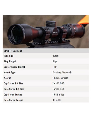 ANELLI ATTACHI ECONOMICI VORTEX Sport 30mm Extra High Riflescope Rings (SPT30-XH)