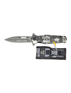 Coltello mimetico grigio K25 con lama pieghevole in acciaio inox rivestito in titanio con fodero in cordura codice 18323-A