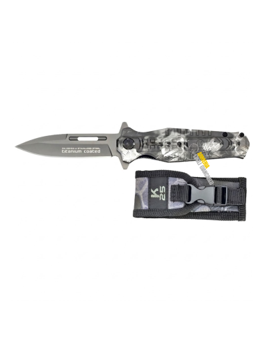 Coltello mimetico grigio K25 con lama pieghevole in acciaio inox rivestito in titanio con fodero in cordura codice 18323-A