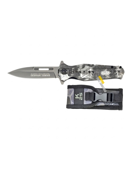 Coltello mimetico grigio K25 con lama pieghevole in acciaio inox rivestito in titanio con fodero in cordura codice 18323-A